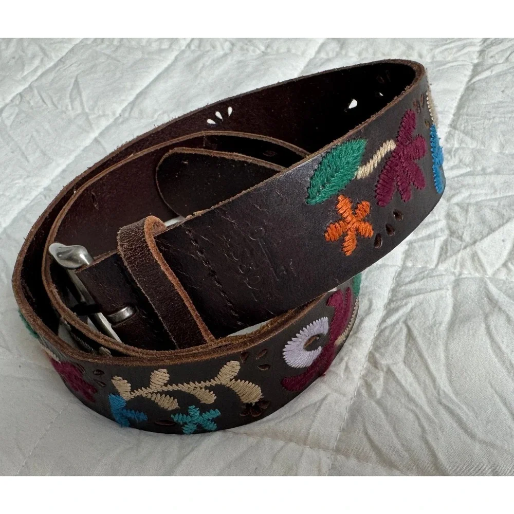 Vintage Fossil Brown Leather Floral Embroidered Belt Boho Flower Multi Color 34